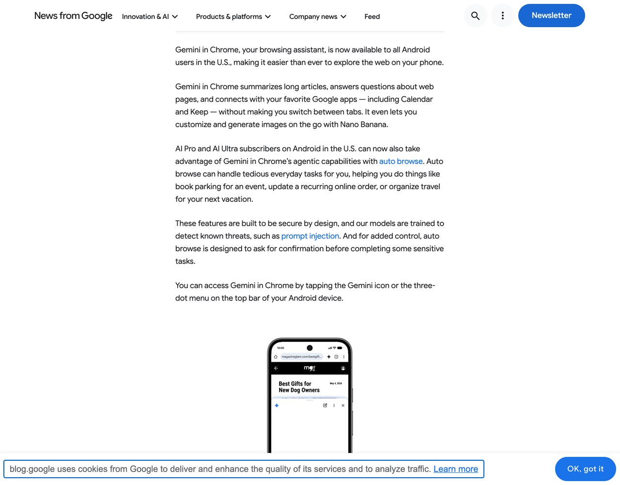 Официальный анонс Google про Gemini в Chrome на Android с функцией auto browse