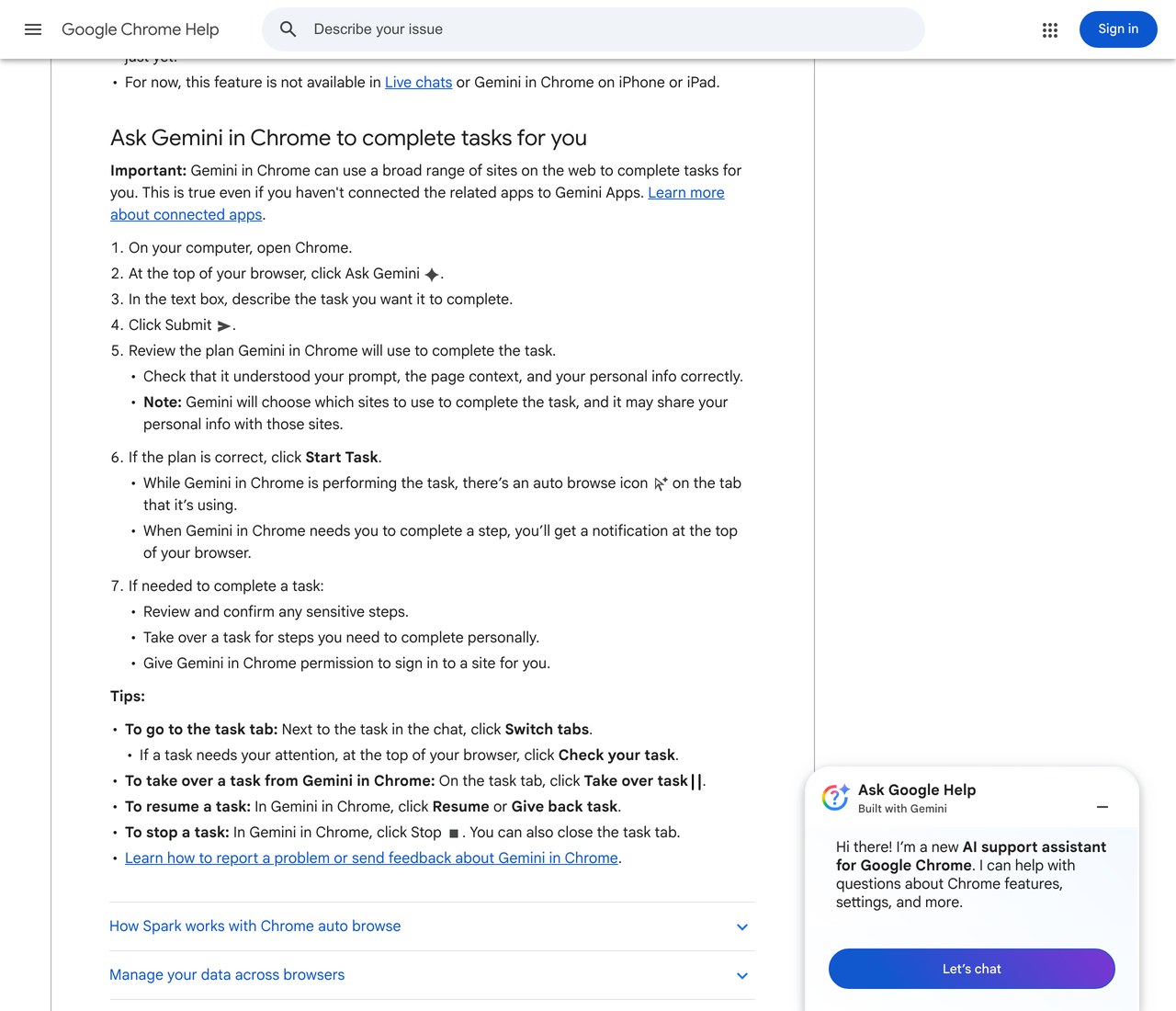 Официальная справка Google Chrome Help, пошаговый сценарий запуска задачи через auto browse