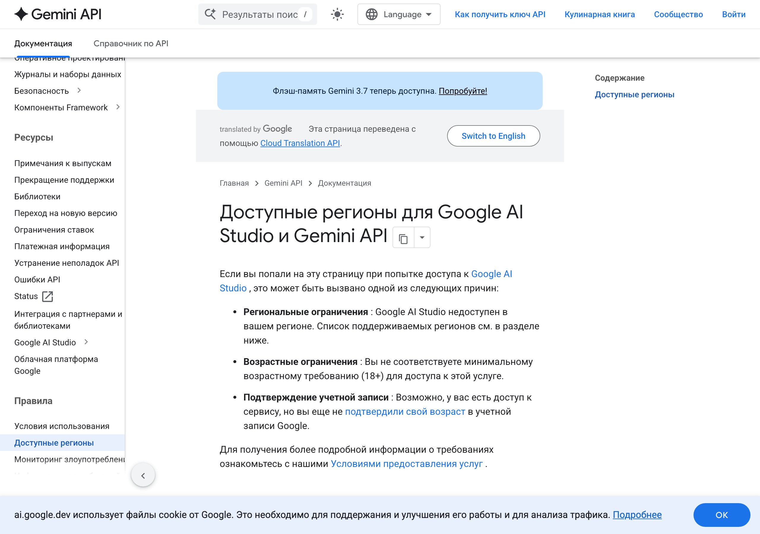Официальная страница Google AI с тремя причинами ошибки доступа: регион, возраст, неподтверждённый аккаунт