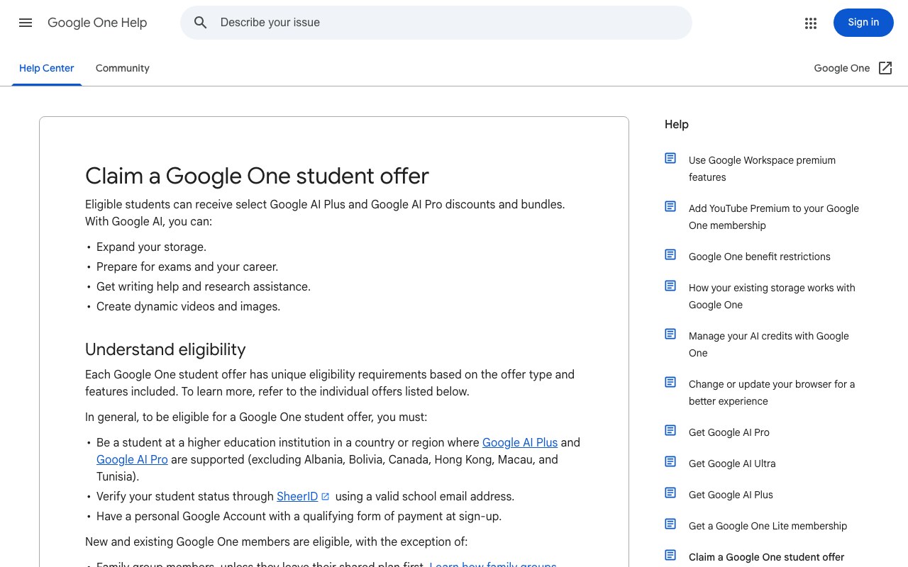 Официальная страница Google One про студенческий офер Google AI Pro и AI Plus