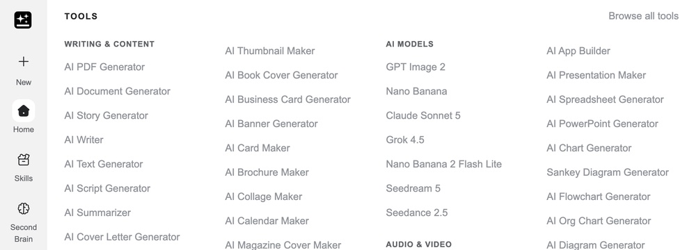Футер сайта Genspark, раздел TOOLS со списком AI Models - Claude Sonnet 5, Grok 4.5, Seedream 5 и другие