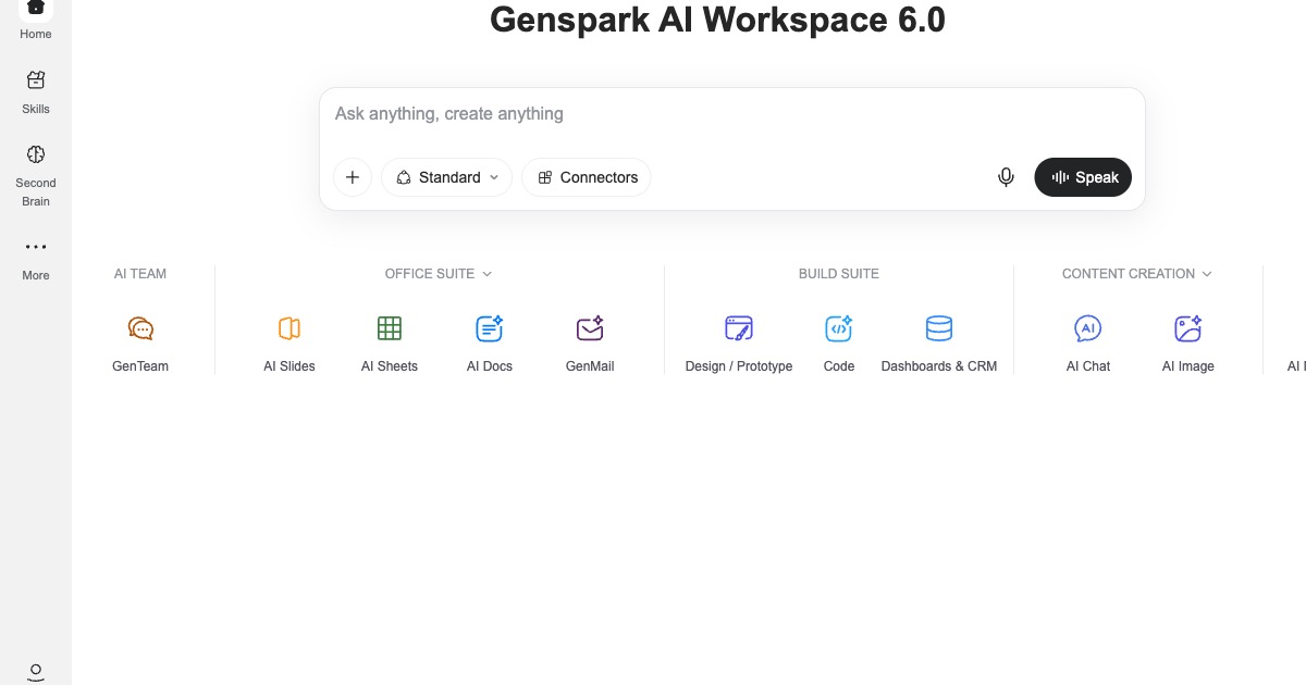 Верх страницы Genspark AI Workspace 6.0: поле «Ask anything, create anything» и иконки Office Suite, Build Suite