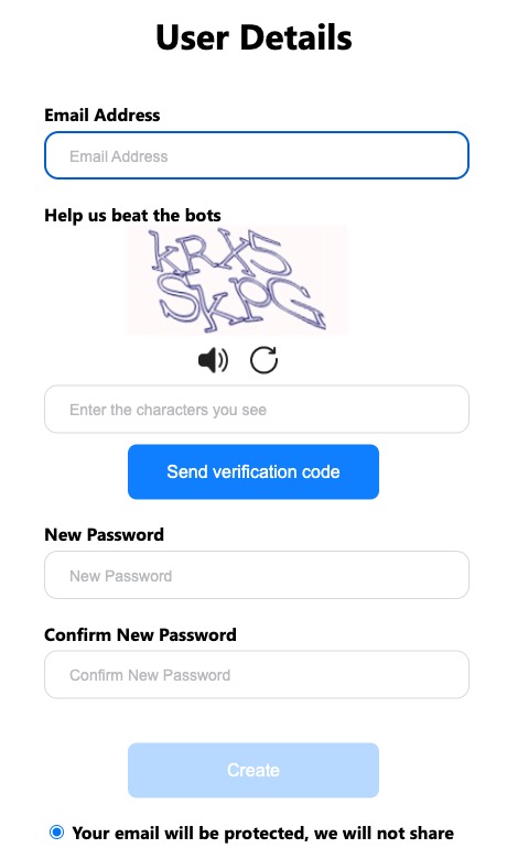 Экран User Details в Genspark: поле Email Address, текстовая капча «Help us beat the bots» и поля пароля