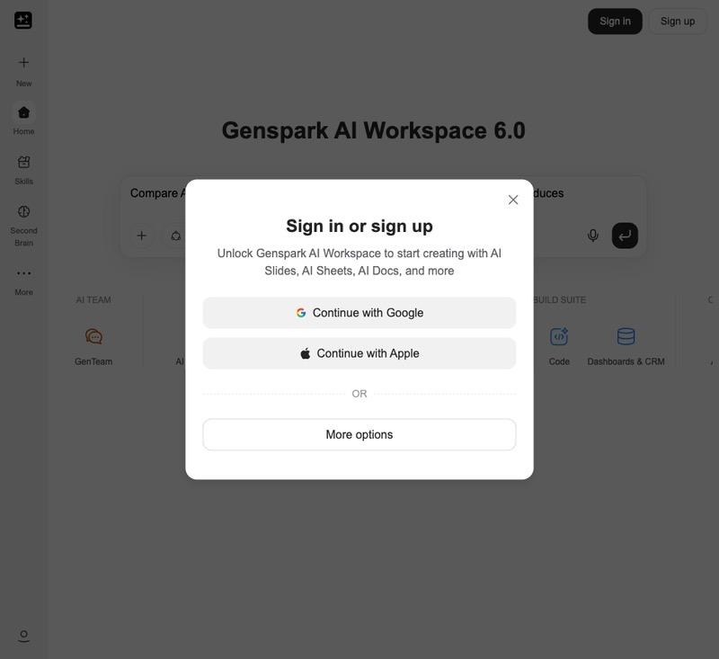 Модальное окно Genspark «Sign in or sign up» поверх затемнённой страницы после ввода задачи гостем