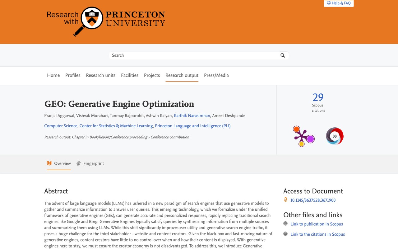 Официальная карточка публикации Princeton GEO paper на портале Princeton University