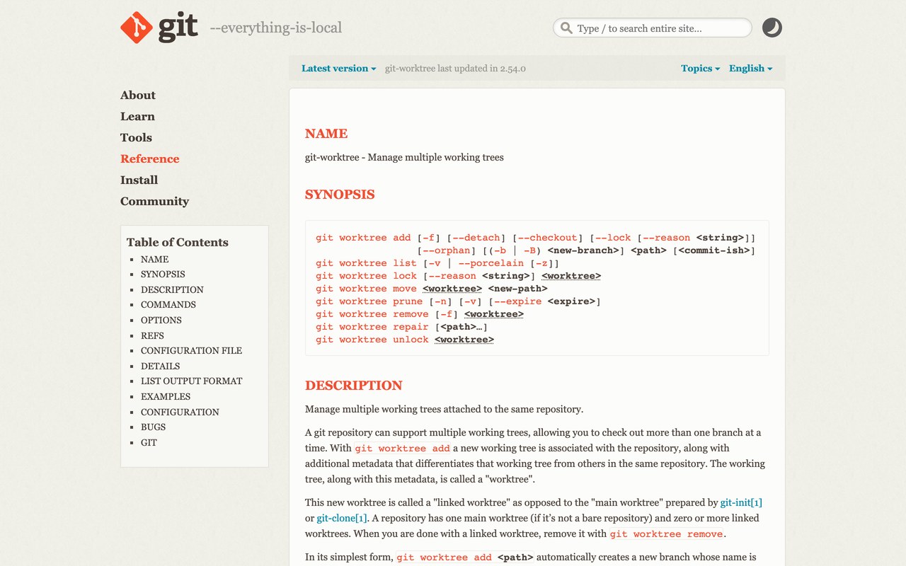 Официальная документация Git про команду git worktree, формат записи для создания и удаления копий
