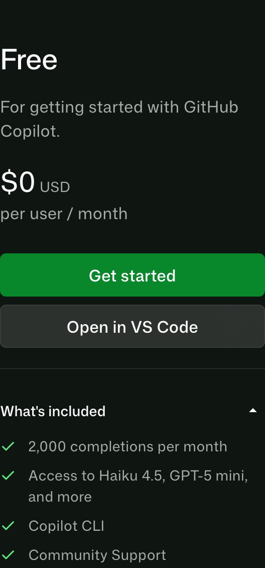 Карточка тарифа Free на странице GitHub Copilot: 0 долларов в месяц и зелёная кнопка Get started