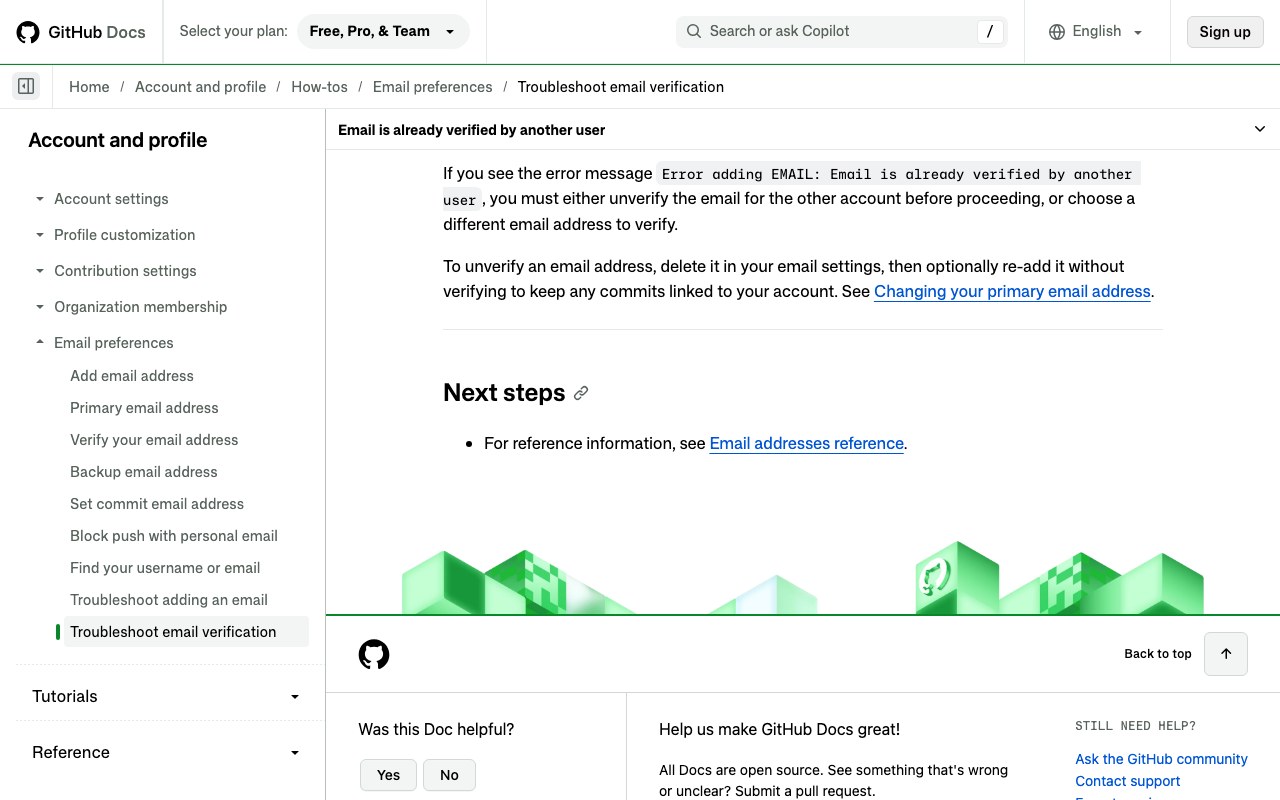 Раздел Email is already verified by another user в документации GitHub с текстом ошибки и двумя выходами