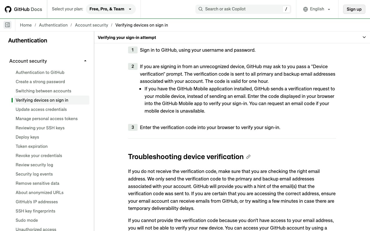 Раздел Verifying your sign-in attempt в документации GitHub: код уходит на основной и резервные адреса и действует один час