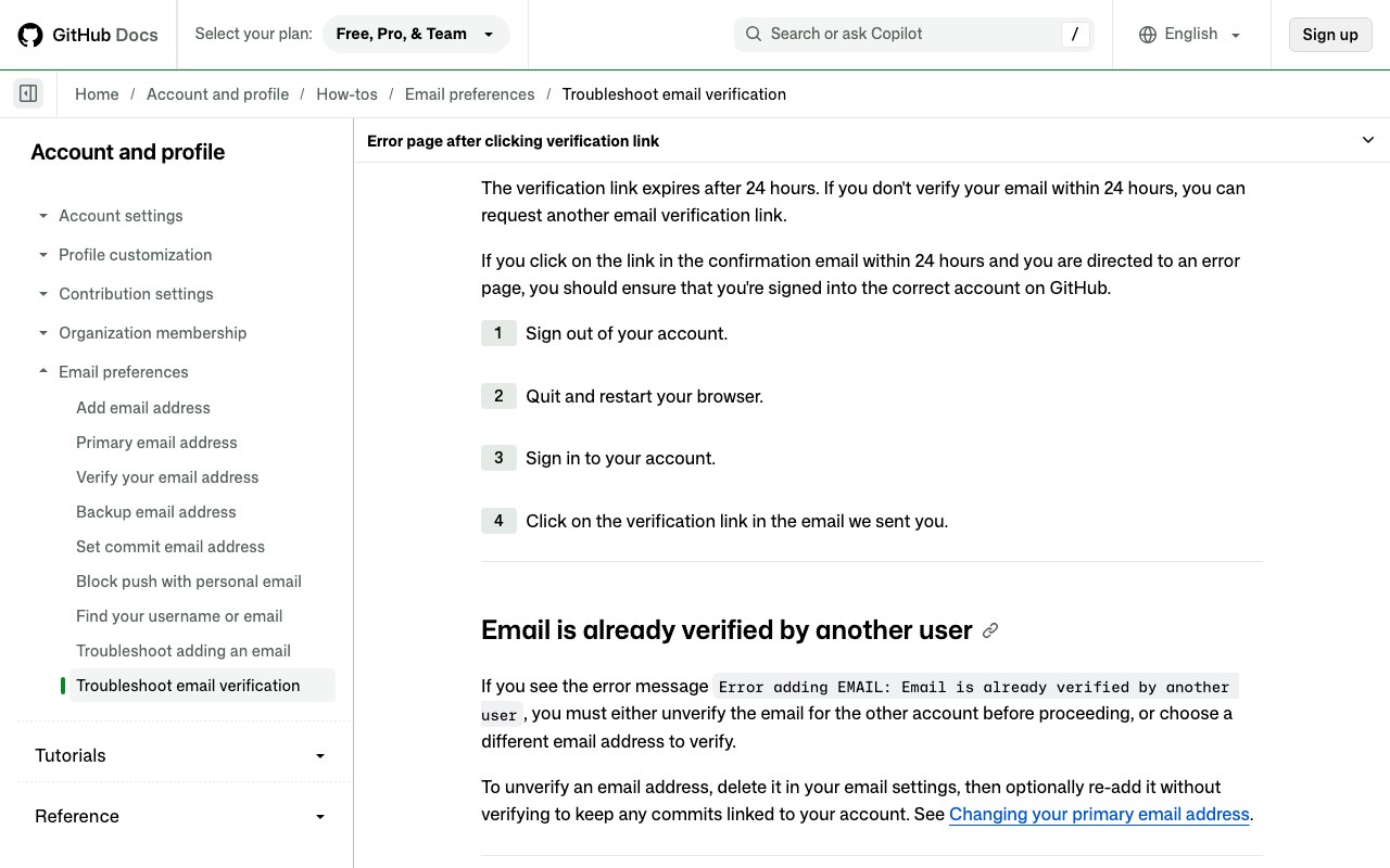 Раздел Error page after clicking verification link в инструкции GitHub: срок ссылки 24 часа и четыре шага при странице ошибки