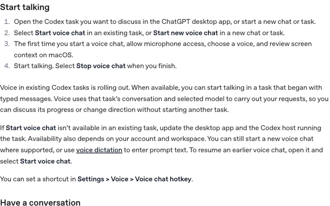 Документация OpenAI «ChatGPT Voice»: раздел Start talking с кнопками Start voice chat и Stop voice chat