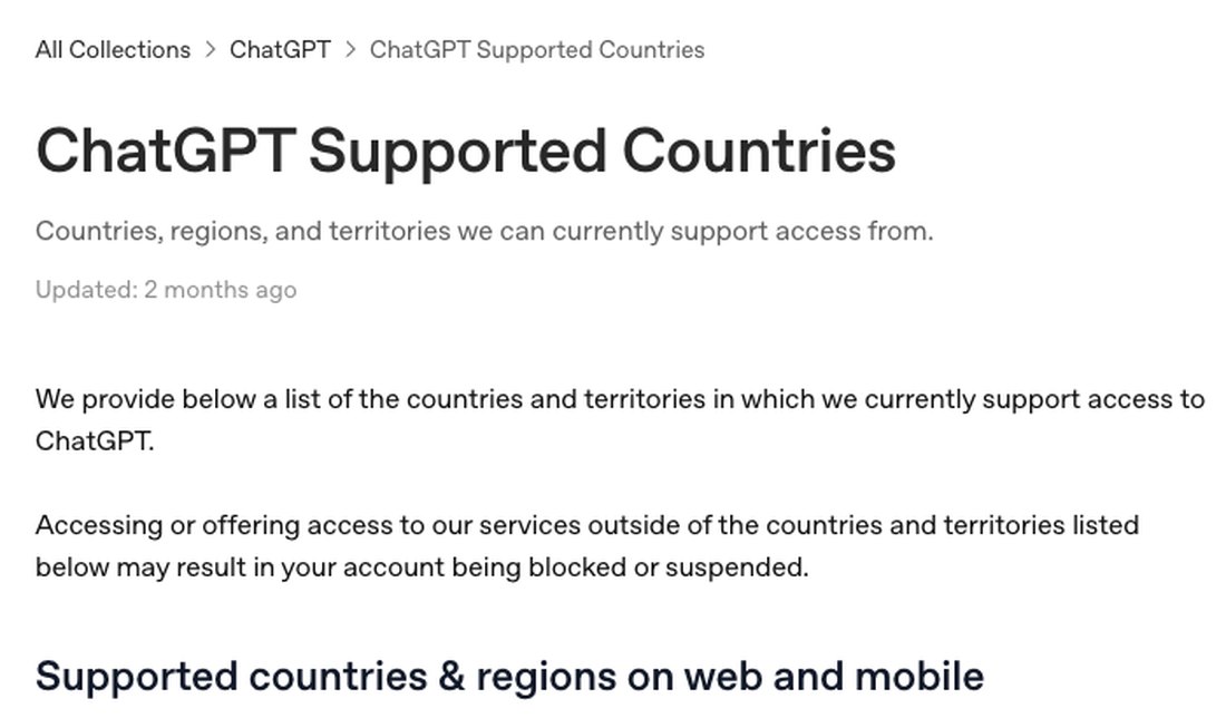 Справка OpenAI «ChatGPT Supported Countries»: предупреждение о блокировке аккаунта вне списка стран