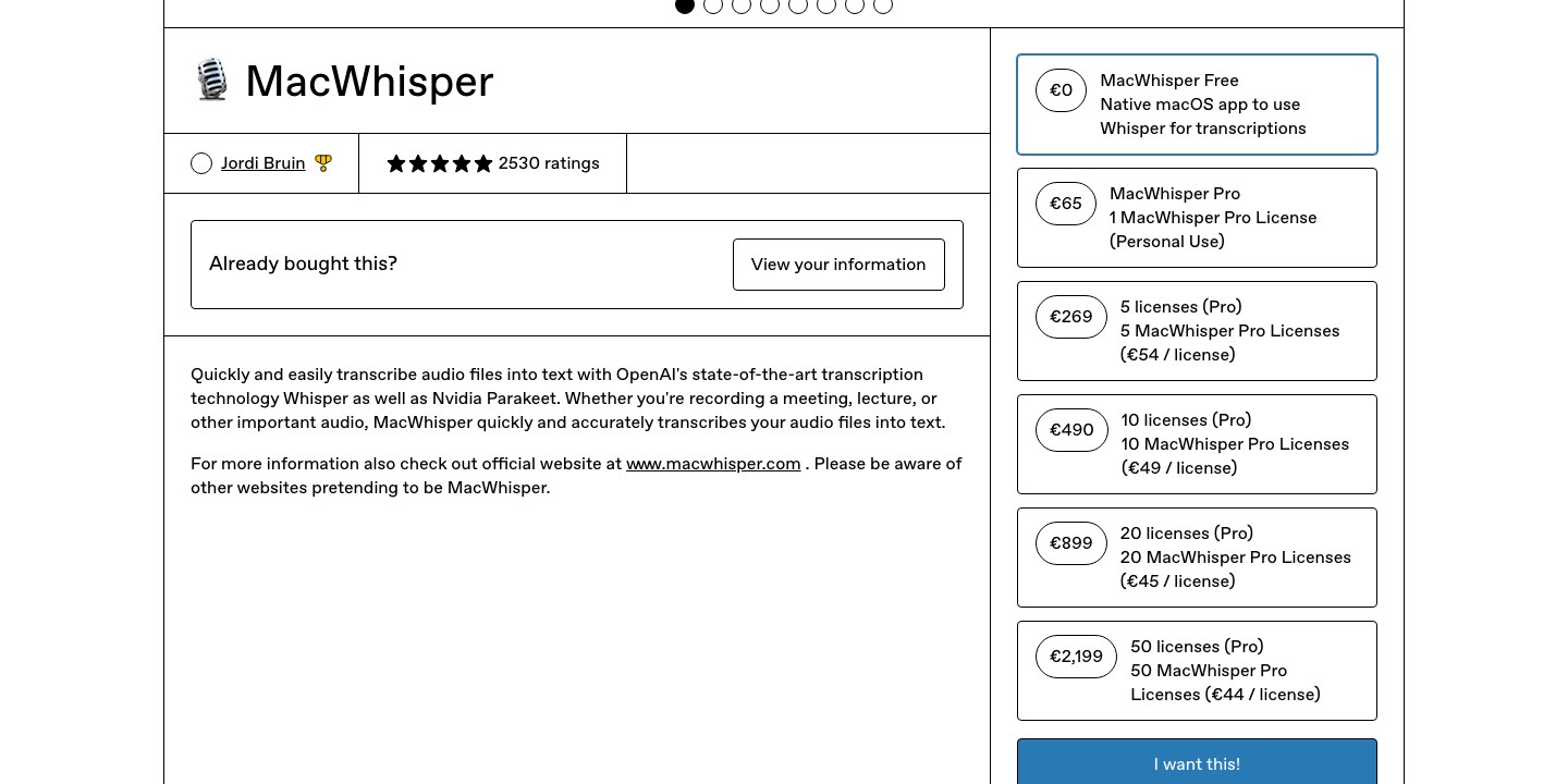 Страница продажи MacWhisper с ценами: бесплатная версия и Pro-лицензия 65 евро