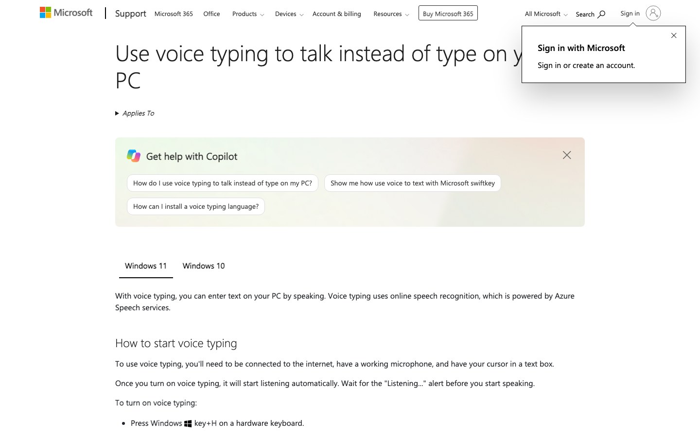 Официальная страница Microsoft Support с инструкцией по включению голосового ввода Win+H