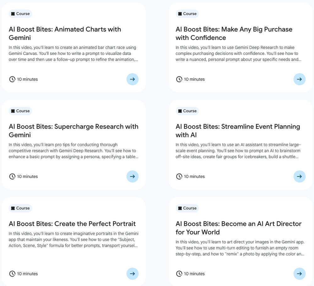 Карточки уроков серии AI Boost Bites: Make Any Big Purchase и AI Art Director, у каждого 10 minutes