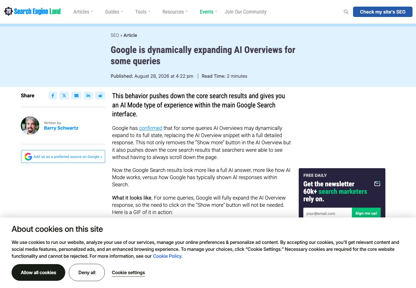 Статья Search Engine Land от 28 августа 2026 года с подтверждением Google о расширении ИИ-ответа