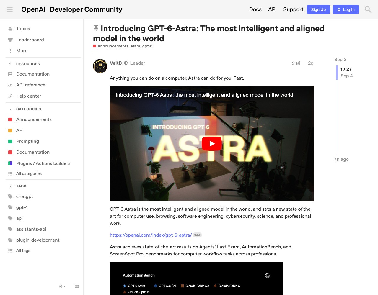 Официальный пост-анонс OpenAI про GPT-6 Astra на форуме community.openai.com, открыт и снят живьём 06.09.2026
