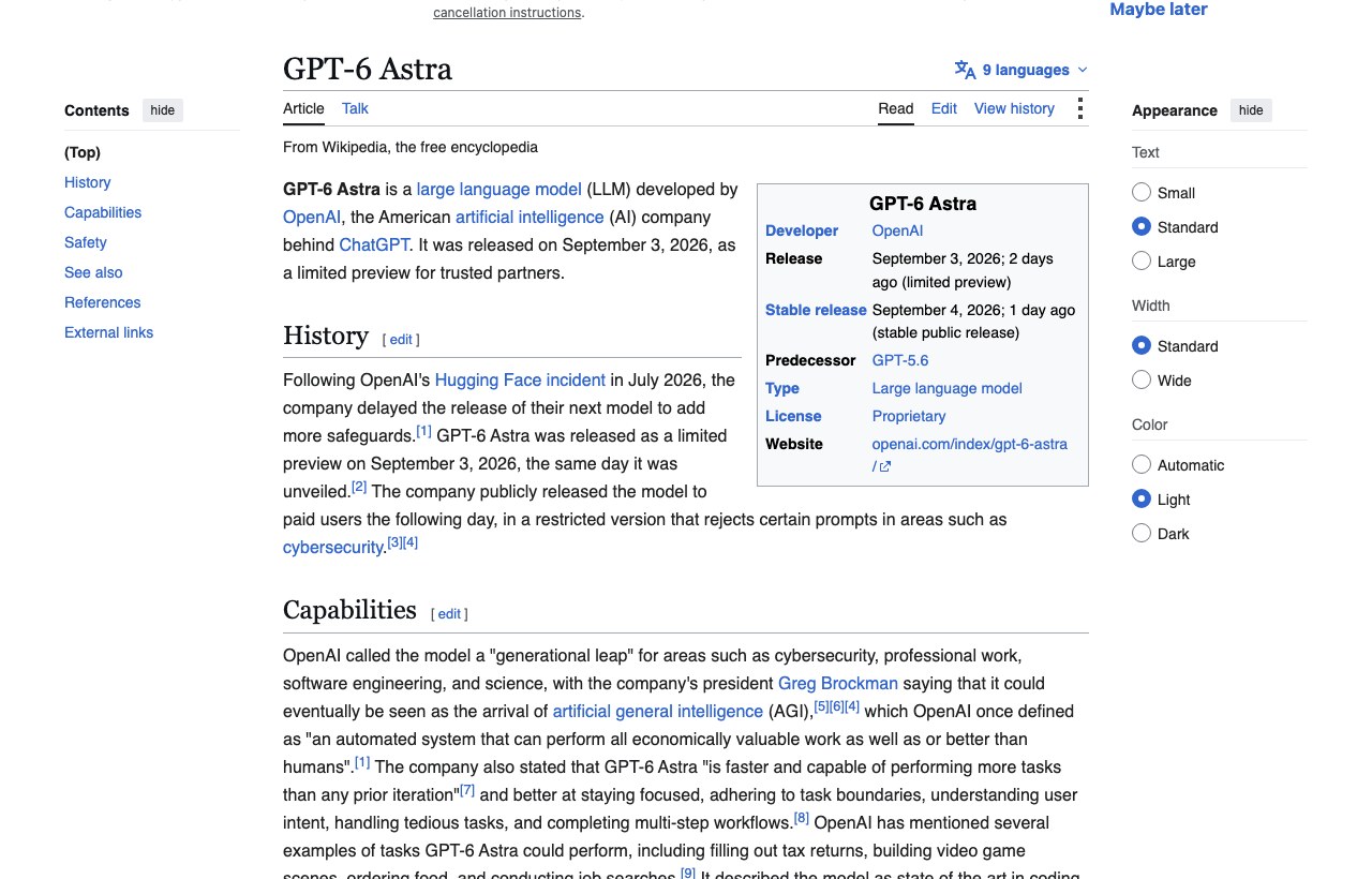 Карточка модели GPT-6 Astra на Wikipedia: даты релиза, предшественник GPT-5.6, тип лицензии, открыто живьём 06.09.2026