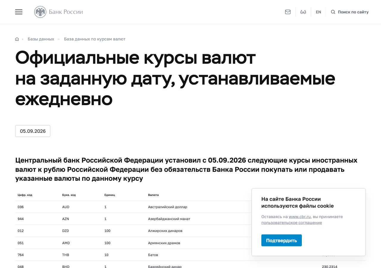 Официальная страница ЦБ РФ с курсами валют на 5 сентября 2026 года, доллар США указан отдельной строкой