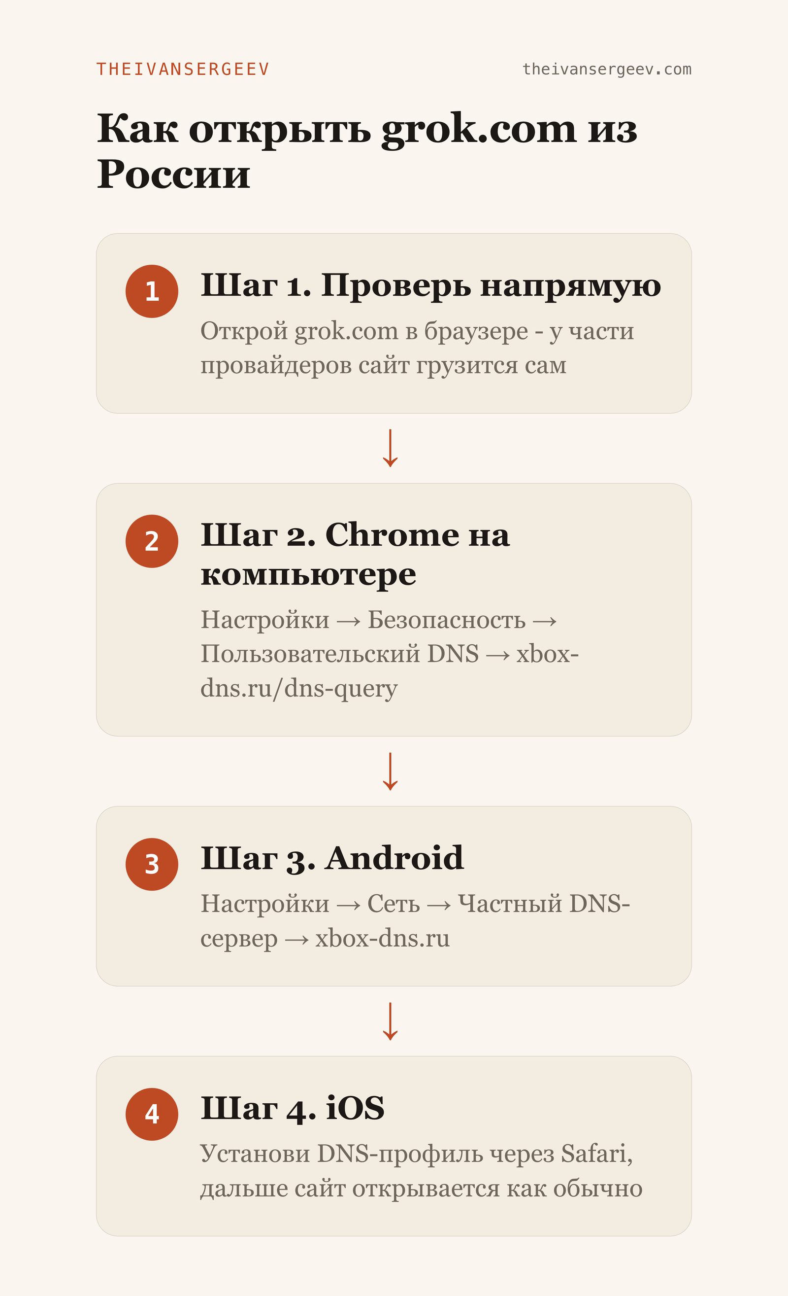 Схема: как открыть grok.com из России - проверка напрямую, DNS в Chrome, Android, iOS
