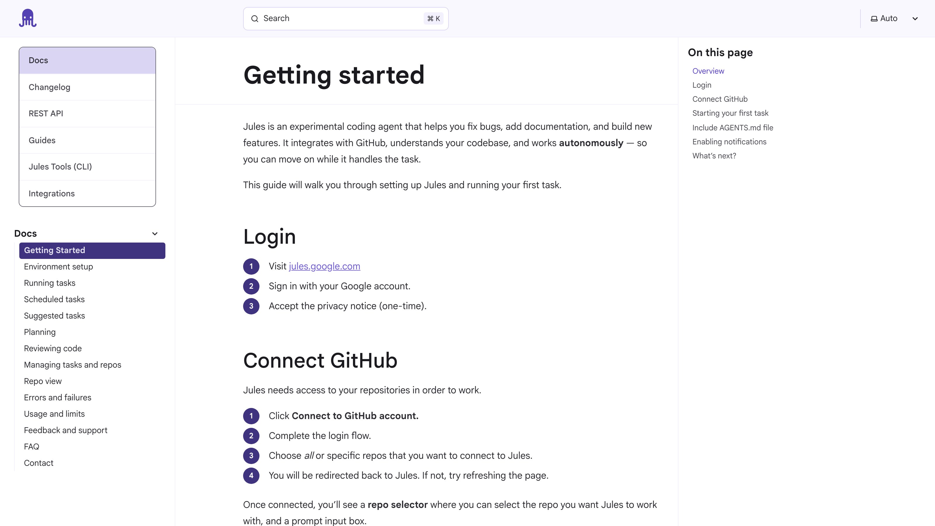 Страница «Getting started» документации Jules: шаги входа через Google-аккаунт и подключения проекта на GitHub