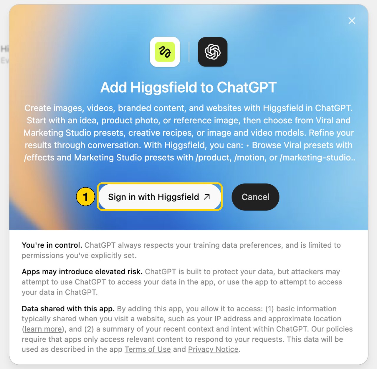 Окно Add Higgsfield to ChatGPT с описанием и кнопками Sign in with Higgsfield и Cancel