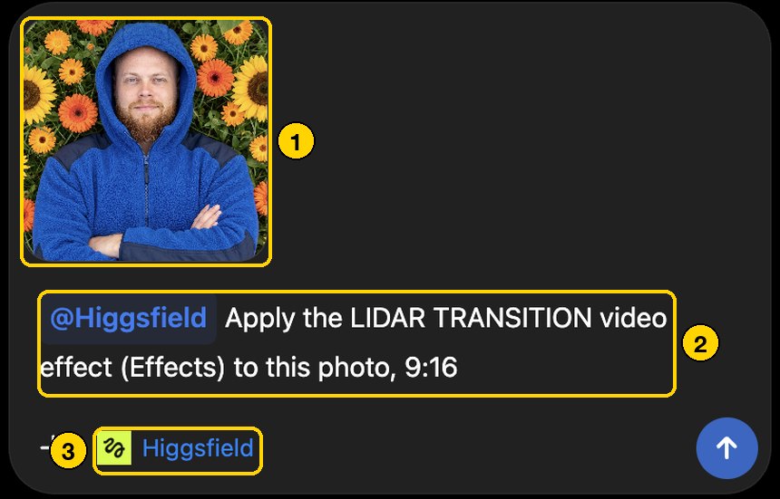 Поле ввода ChatGPT: фото, значок @Higgsfield и команда Apply the LIDAR TRANSITION video effect (Effects), 9:16