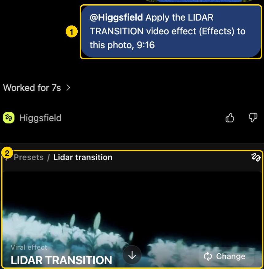 Отправленная команда и окошко Higgsfield Presets / Lidar transition с карточкой Viral effect LIDAR TRANSITION