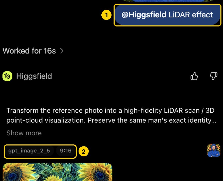 Промах с короткой командой @Higgsfield LiDAR effect: ChatGPT ответил картинкой, под текстом метки gpt_image_2_5 и 9:16