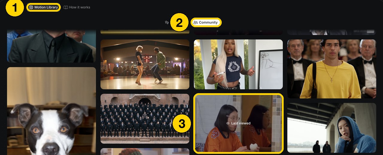 Motion Library в Genjutsu: переключатель Community и карточка пресета с девушкой в оранжевой футболке у зеркала