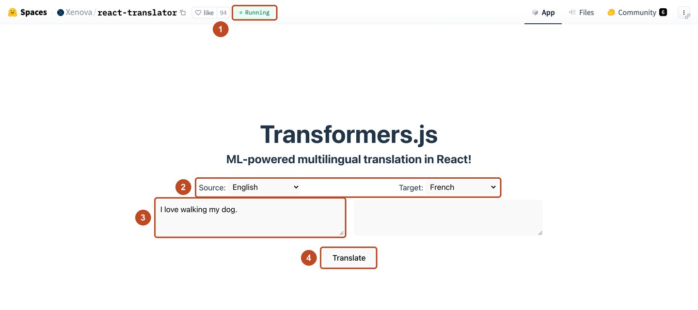 Страница приложения react-translator: подпись Running, переключатели языков, поле ввода и кнопка запуска