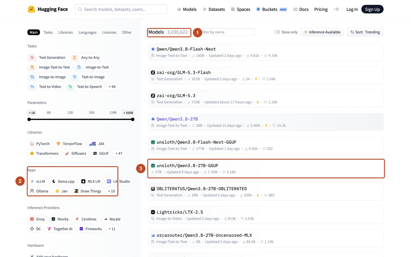 Раздел Models на huggingface.co: счётчик моделей, фильтр Apps с именами программ и карточка модели