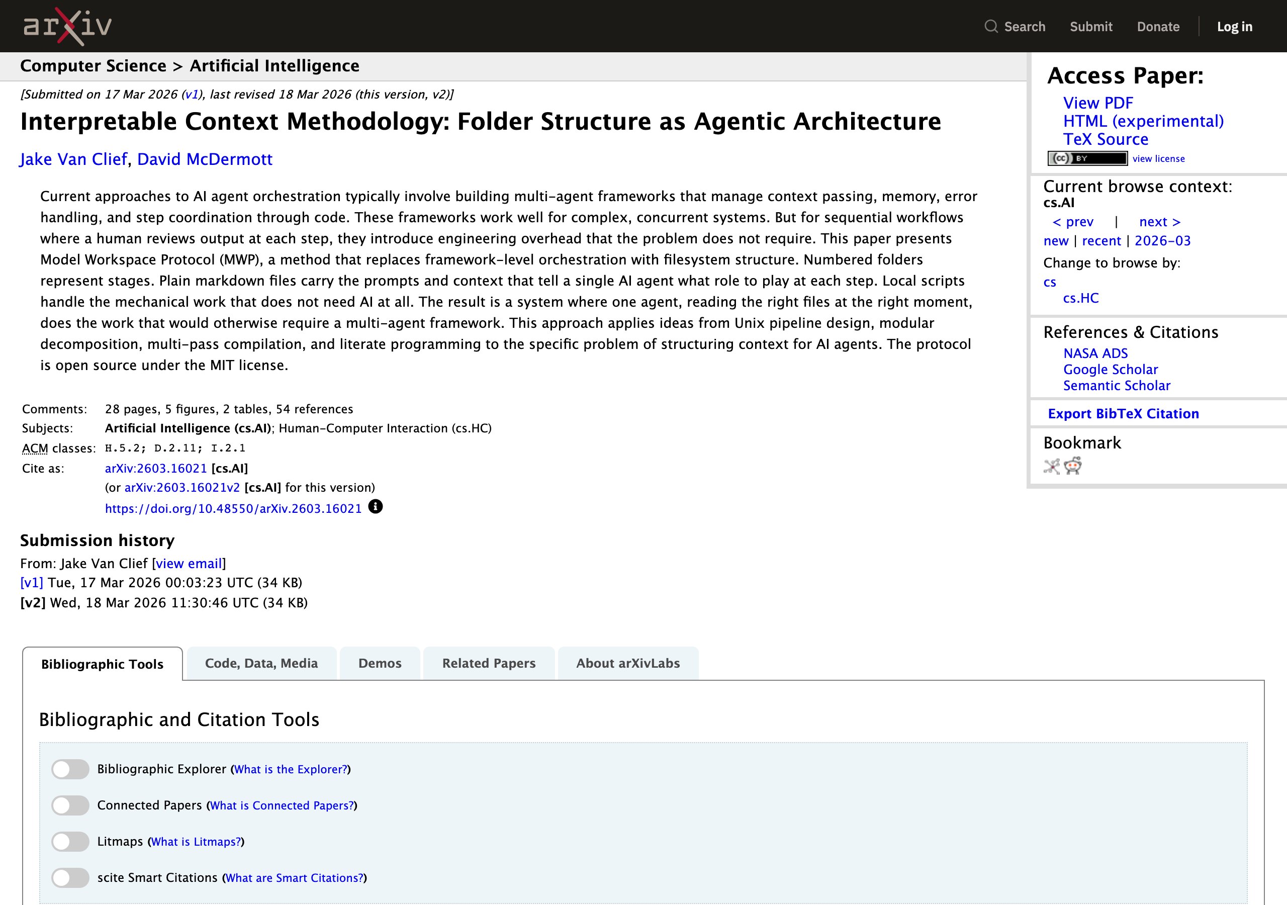 Страница статьи Interpretable Context Methodology на arXiv с описанием структуры папок как архитектуры агента