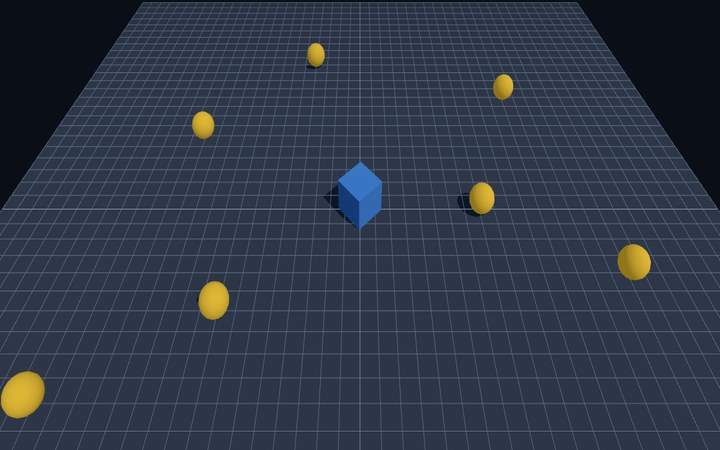 Старт собственной 3D-сцены на three.js - кубик и восемь монет, счёт 0 из 8