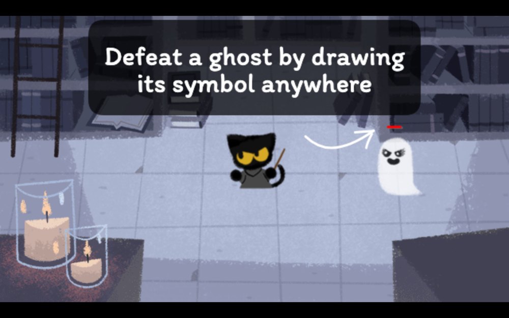 Magic Cat Academy: кот с палочкой в библиотеке, призрак справа и подсказка «Defeat a ghost by drawing its symbol anywhere»