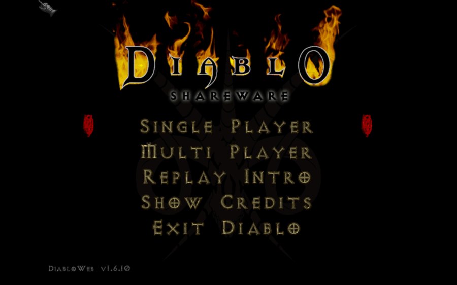 Меню Diablo Shareware в браузере: Single Player, Multi Player, Replay Intro, Show Credits, Exit Diablo