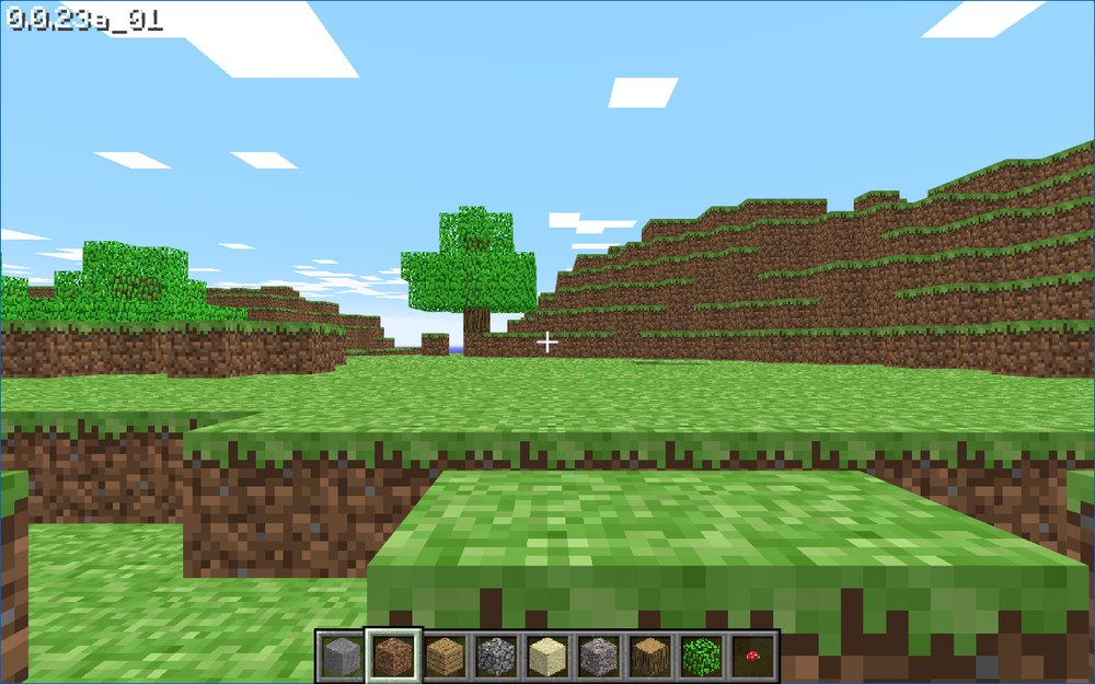 Minecraft Classic в браузере: травяные блоки, прицел в центре и панель из девяти блоков внизу, вторая ячейка выбрана