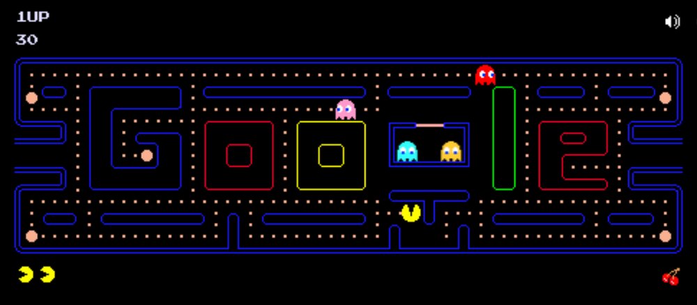 Pac-Man от Google: лабиринт в форме букв Google, Pac-Man внизу, призраки в центре, счёт 1UP 30