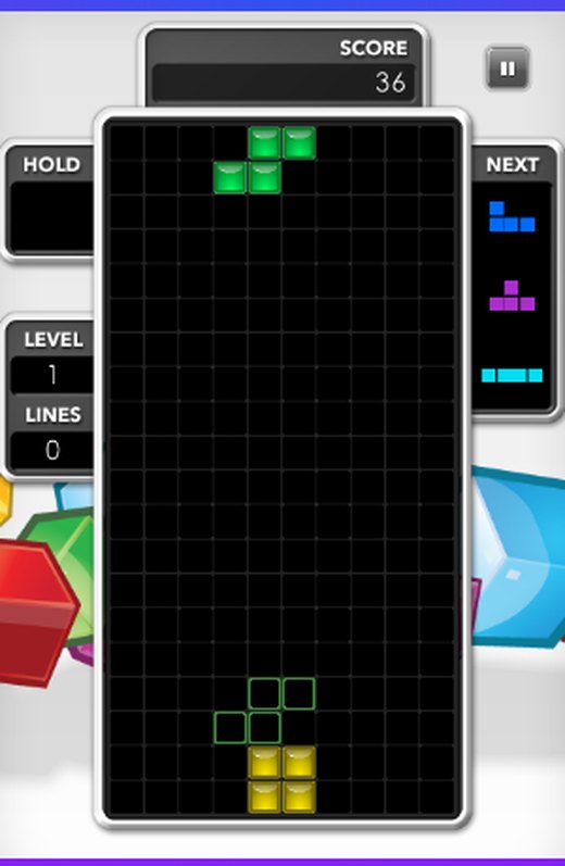 Tetris на play.tetris.com: стакан с падающей зелёной фигурой, счёт 36, справа очередь следующих фигур