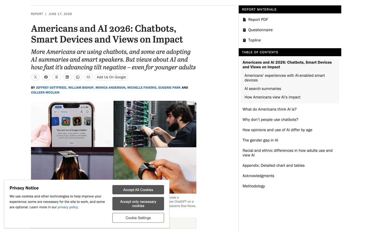 Отчёт Pew Research Center «Americans and AI 2026» об использовании чат-ботов, снят живьём 05.09.2026