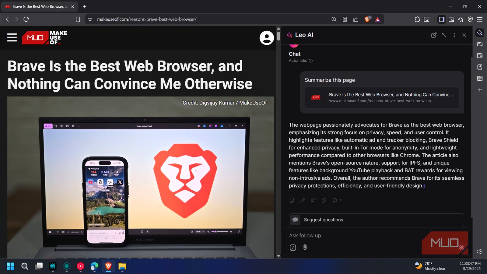 Brave с открытой панелью Leo AI: по запросу Summarize this page справа готовый пересказ статьи