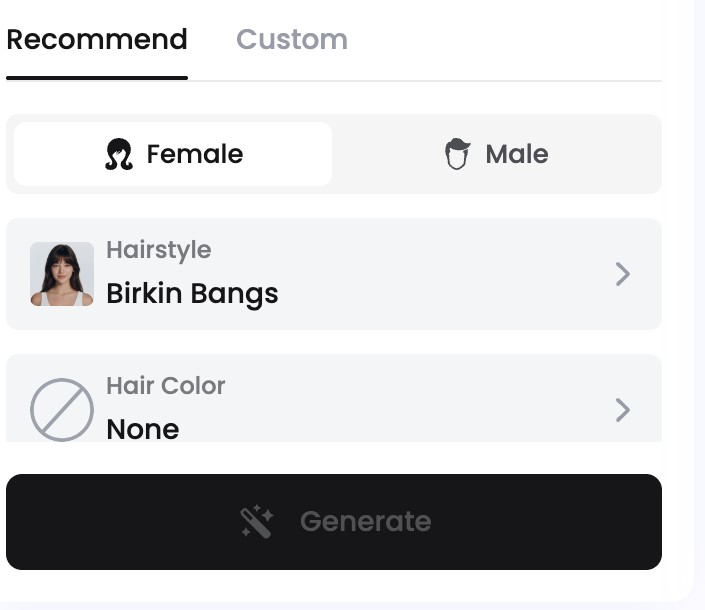Панель примерочной: вкладки Recommend и Custom, выбор пола, строка причёски Birkin Bangs и кнопка запуска