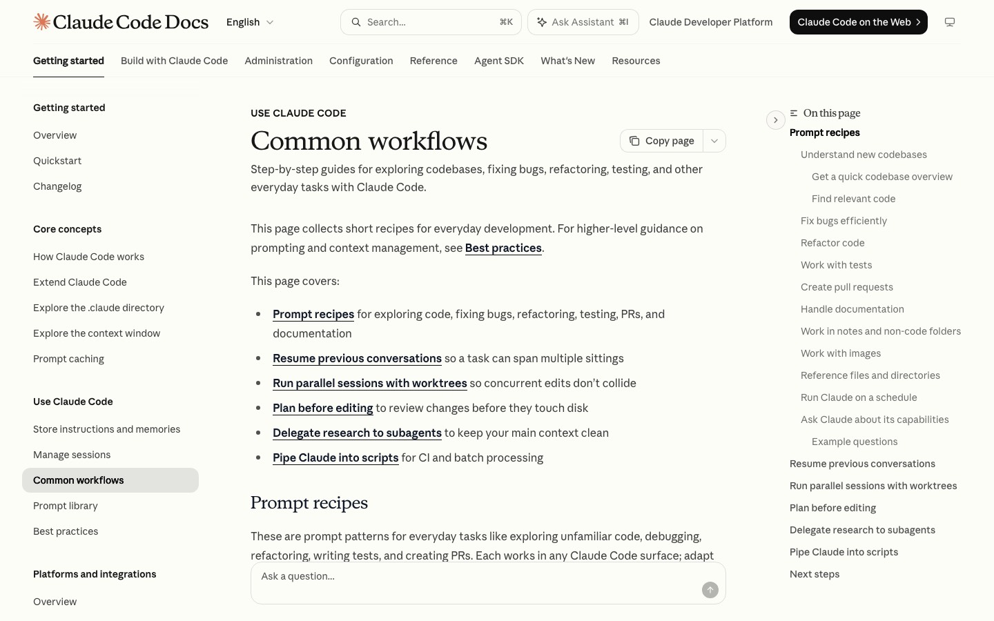 Страница документации Claude Code «Common workflows» со списком типовых задач разработчика