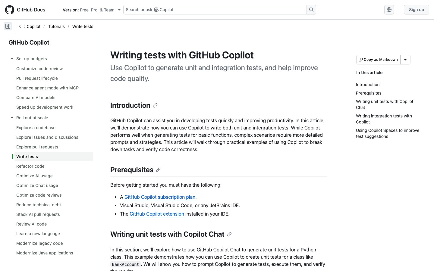 Страница документации GitHub про написание тестов с Copilot: вступление и раздел требований