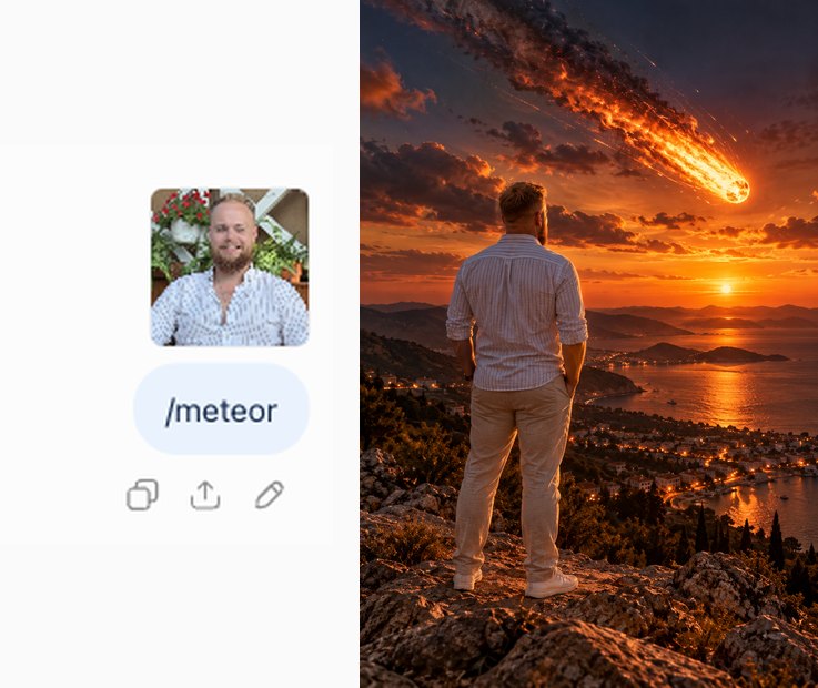 Слева фото мужчины за столиком и сообщение /meteor, справа ответ ChatGPT: он же на холме смотрит на метеор в закатном небе