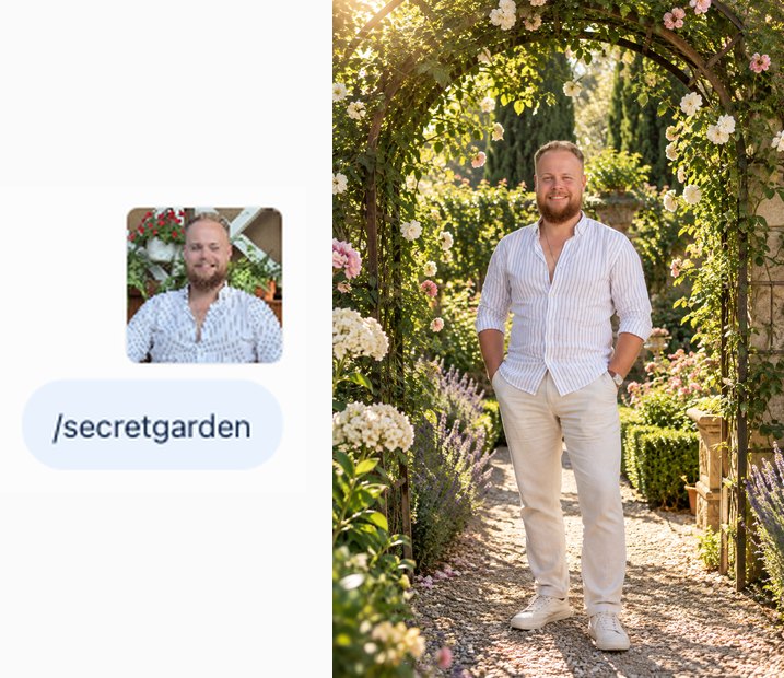 Слева фото мужчины за столиком и сообщение /secretgarden, справа ответ ChatGPT: он же на дорожке под аркой из зелени и цветов