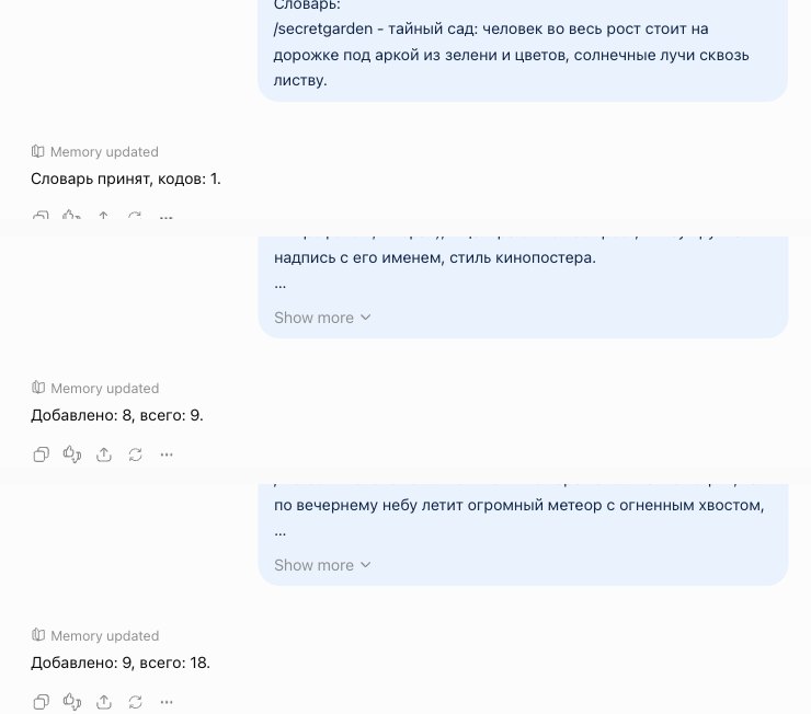 Три ответа ChatGPT на сообщения со словарём: Словарь принят, кодов: 1, Добавлено: 8, всего: 9 и Добавлено: 9, всего: 18