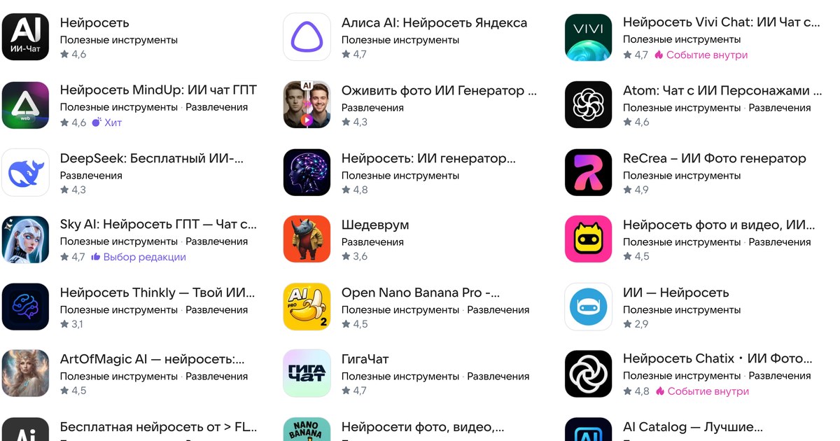 Выдача RuStore по запросу «нейросеть»: сетка карточек приложений с оценками, среди них Алиса AI, Шедеврум, ГигаЧат и DeepSeek