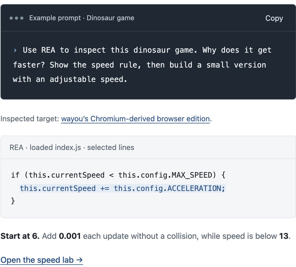 Блок разбора игры с динозавром на rea.tools: фраза для помощника и найденная строка кода про ускорение