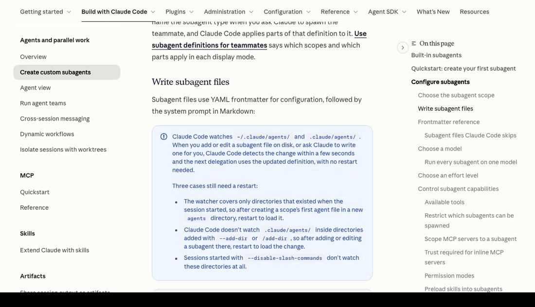 Документация Claude Code, раздел Write subagent files: файл помощника с шапкой YAML и текстом инструкции под ней